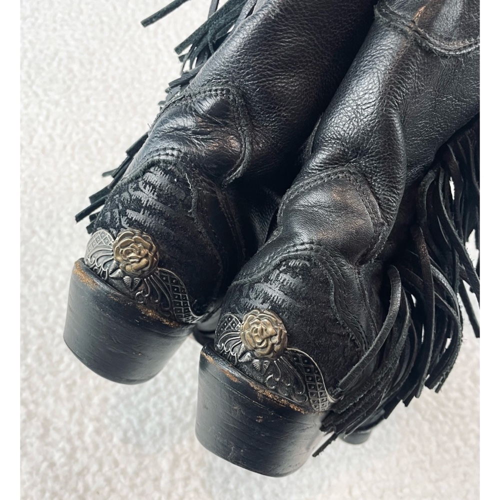 (VTG) ZODIAC • Black Genuine Leather Studded Fringe Western Cowboy Boots, 5.5 - Picture 13 of 16